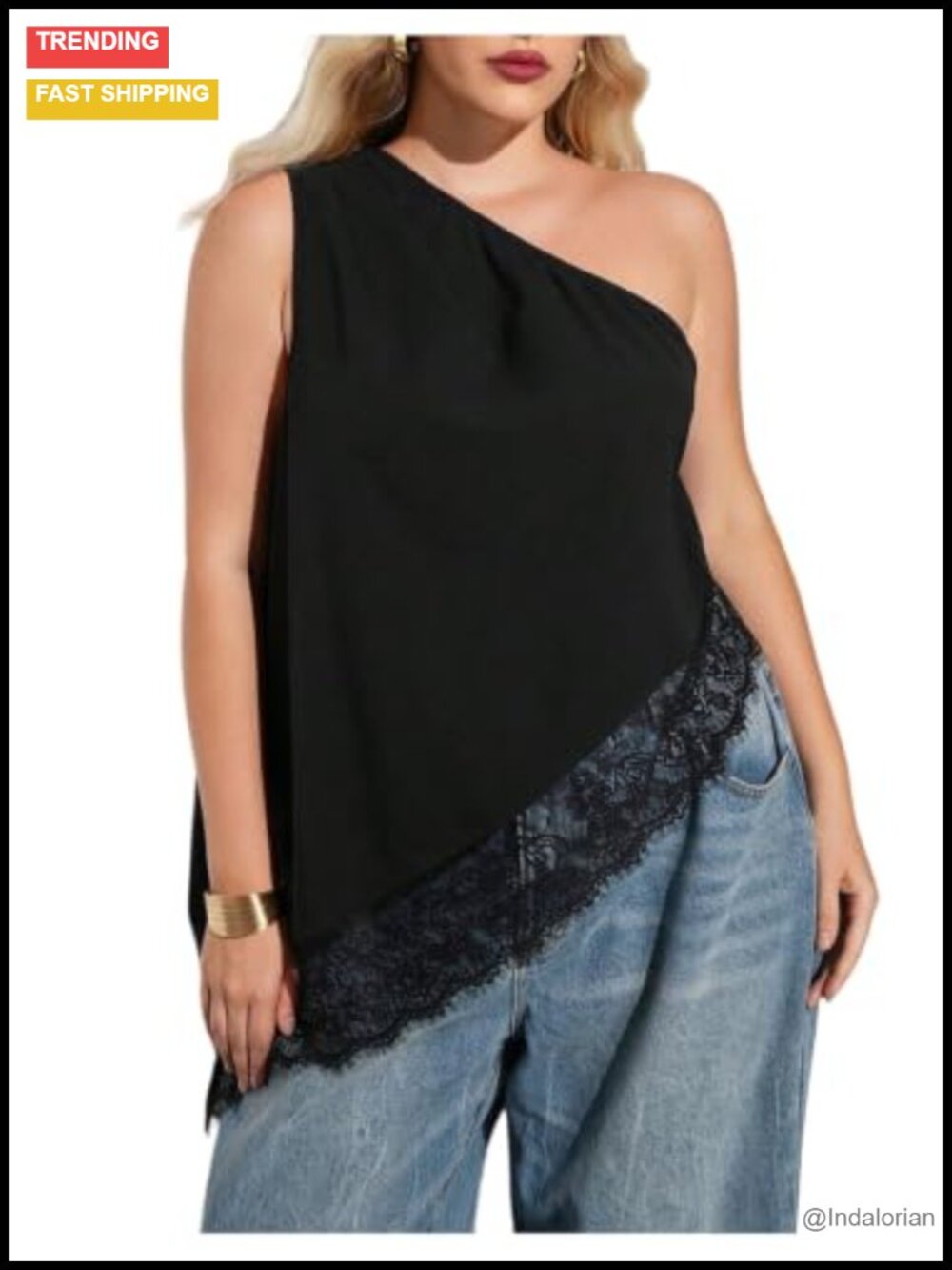 Plus Size Sleeveless Asymmetrical Blouse with Lace Trim One Shoulder Top